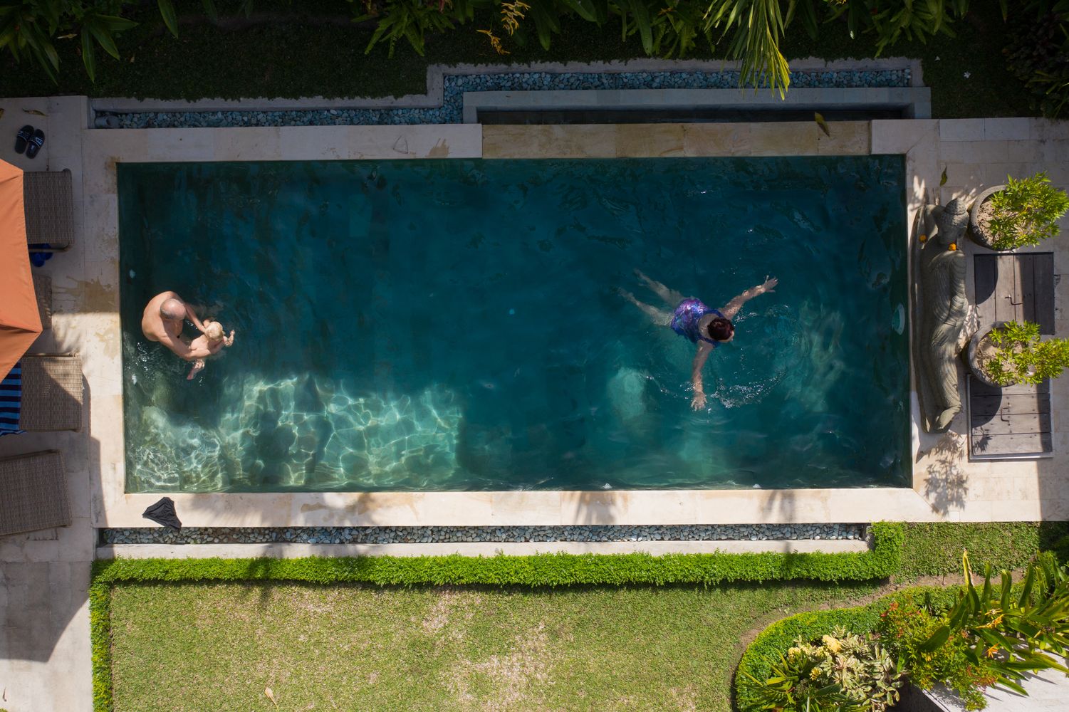 Vue aérienne d une piscine hors sol dans un jardin